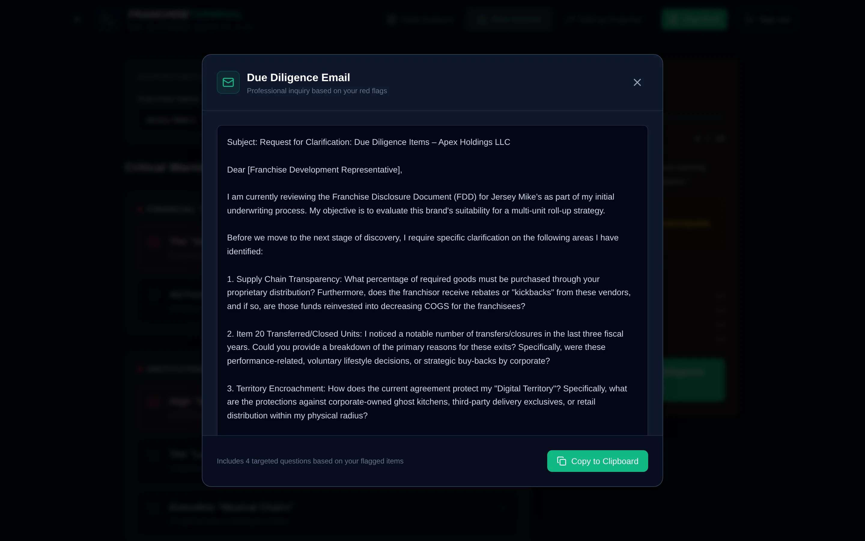 Due Diligence Email Generator — the real Franchise Terminal tool